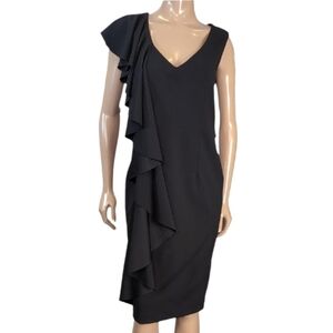 Bailey Ruffle V-Neck Sheath Dress Draped Asymmetric Black Womens Size Medium